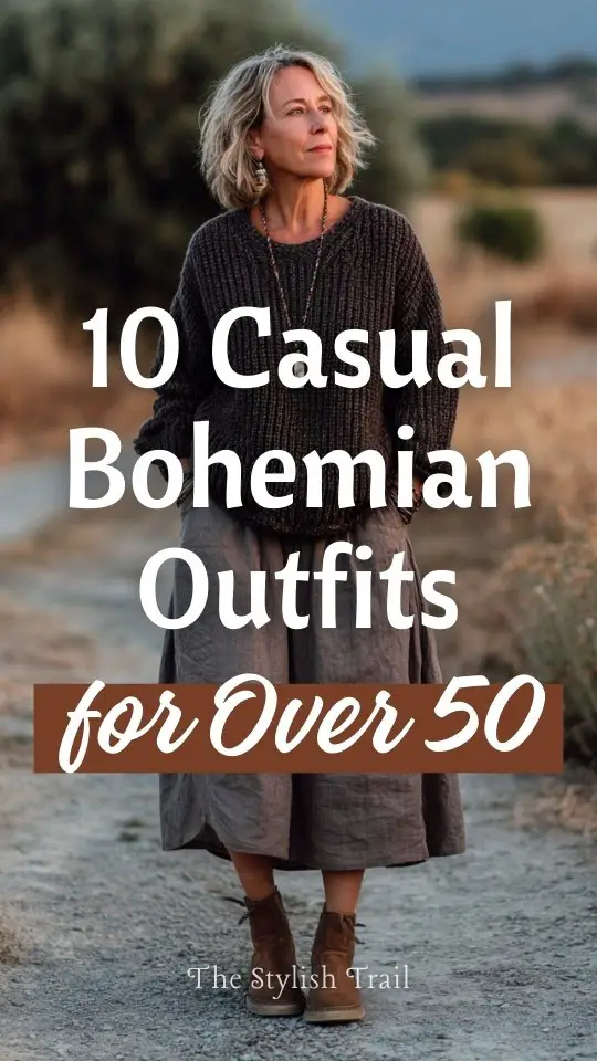 A woman over 50 wears a casual boho outfit with a loose-fit sweater, a midi skirt, flat ankle boots, and a long pendant necklace