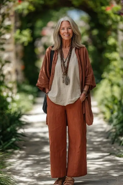A woman over 50 wears a casual boho outfit with a loose linen blouse, relaxed straight-leg pants, flat leather sandals, and layered necklaces, styled in a sunlit garden walkway