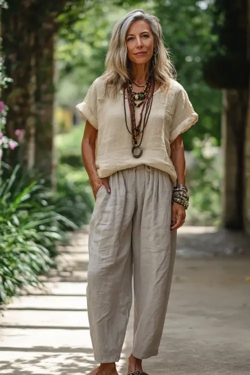 A woman over 50 wears a casual boho outfit with a loose linen blouse, relaxed straight-leg pants, flat leather sandals, and layered necklaces, styled in a sunlit garden walkway
