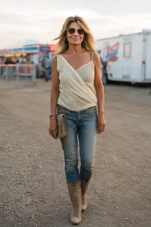A woman over 50 wears a casual-chic country concert look featuring a breathable knit top, ankle-length denim jeans, western ankle boots, and a crossbody leather bag 
