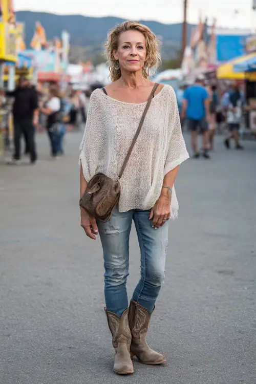 A woman over 50 wears a casual-chic country concert look featuring a breathable knit top, ankle-length denim jeans, western ankle boots, and a crossbody leather bag