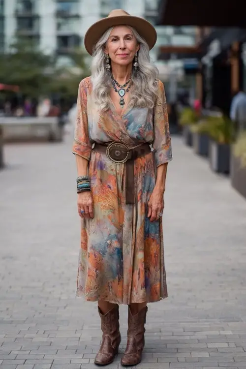 A woman over 50 wears a chic boho ensemble featuring a midi dress with soft prints, a waist-defining belt, ankle boots with a low heel, and layered jewelry 