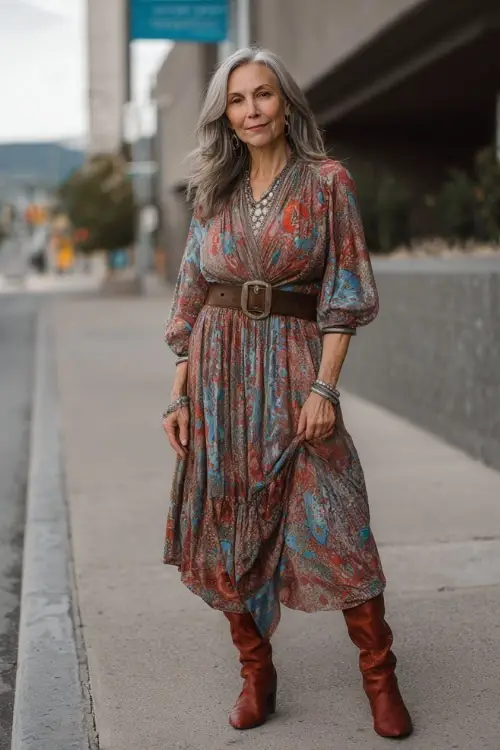 A woman over 50 wears a chic boho ensemble featuring a midi dress with soft prints, a waist-defining belt, ankle boots with a low heel, and layered jewelry 