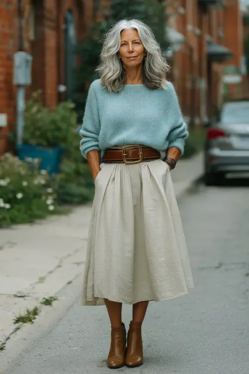 A woman over 50 wears a chic boho ensemble with a flowy midi skirt, a lightweight knit sweater tucked neatly at the waist, block-heel shoes 