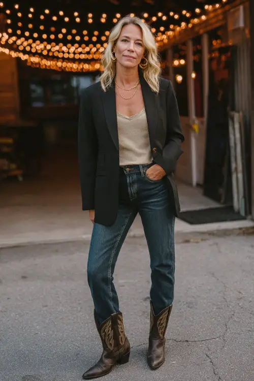 A woman over 50 wears a chic western concert look featuring a tailored blazer layered over a soft knit top, dark-wash jeans, pointed-toe cowboy boots 