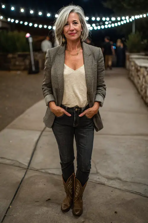 A woman over 50 wears a chic western concert look featuring a tailored blazer layered over a soft knit top, dark-wash jeans, pointed-toe cowboy boots