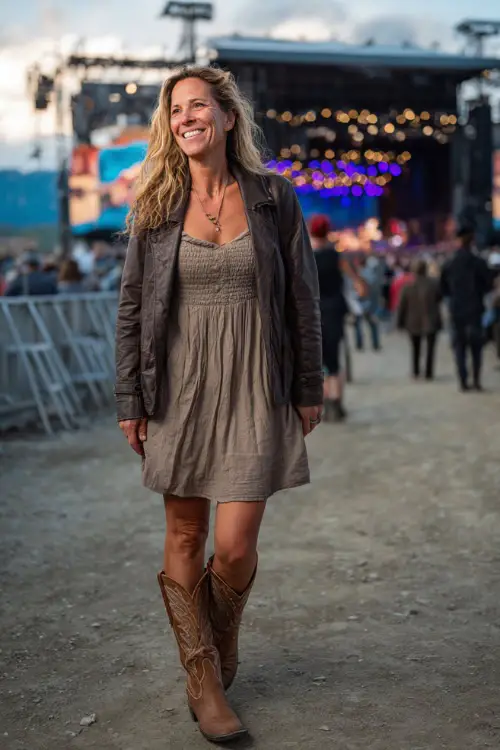 A woman over 50 wears a confident country concert outfit with a flowy knee-length dress, structured leather jacket, classic cowboy boots, and minimal jewelry