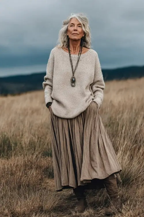 A woman over 50 wears a cozy boho outfit with a lightweight knit sweater, a flowy maxi skirt, flat ankle boots, and a long pendant necklace, styled in a calm countryside background