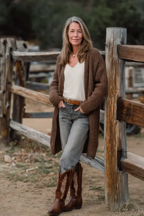 A woman over 50 wears a cozy yet stylish western concert look featuring a lightweight cardigan over a sleeveless top, straight-leg jeans, brown cowboy boots