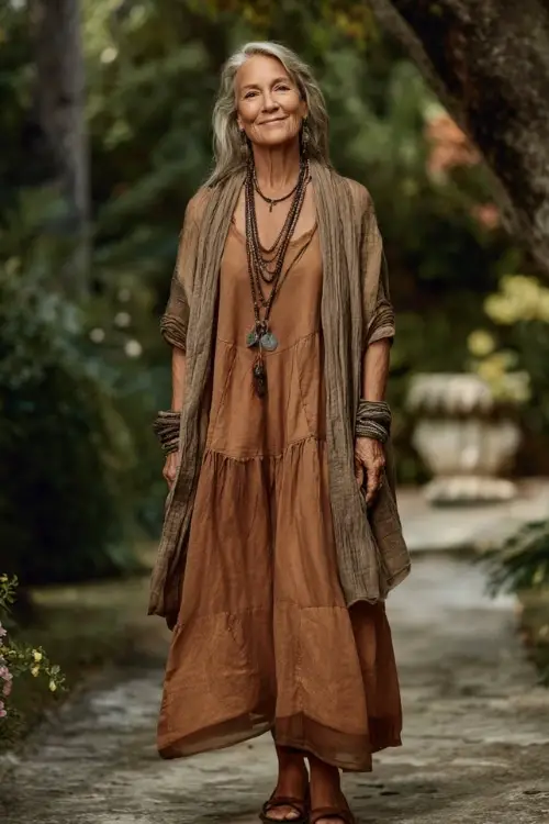 A woman over 50 wears a graceful boho outfit with a flowy maxi dress in earthy tones, flat leather sandals, layered necklaces, and a lightweight shawl, styled in a peaceful outdoor garden setting