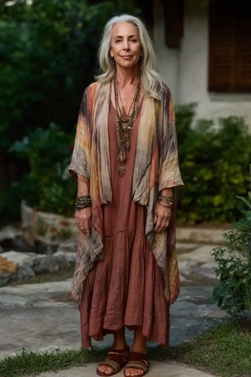 A woman over 50 wears a graceful boho outfit with a flowy maxi dress in earthy tones, flat leather sandals, layered necklaces, and a lightweight shawl
