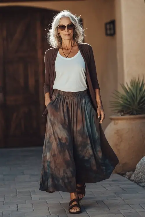 A woman over 50 wears a laid-back boho look with a simple cotton tee paired with a flowy maxi skirt, flat sandals, and a lightweight cardigan, styled in a quiet residential outdoor area