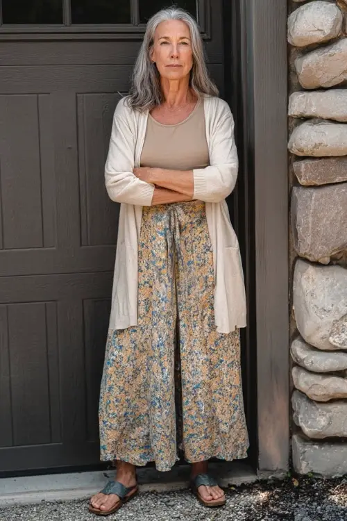 A woman over 50 wears a laid-back boho look with a simple cotton tee paired with a flowy maxi skirt, flat sandals, and a lightweight cardigan, styled in a quiet residential outdoor area