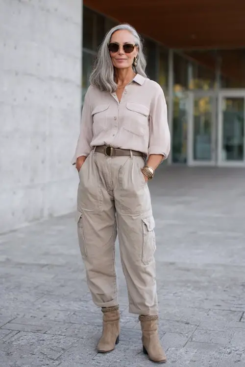 A woman over 50 wears a modern casual boho outfit combining relaxed-fit trousers, a soft long-sleeve blouse, ankle boots with a low heel, and minimal accessories