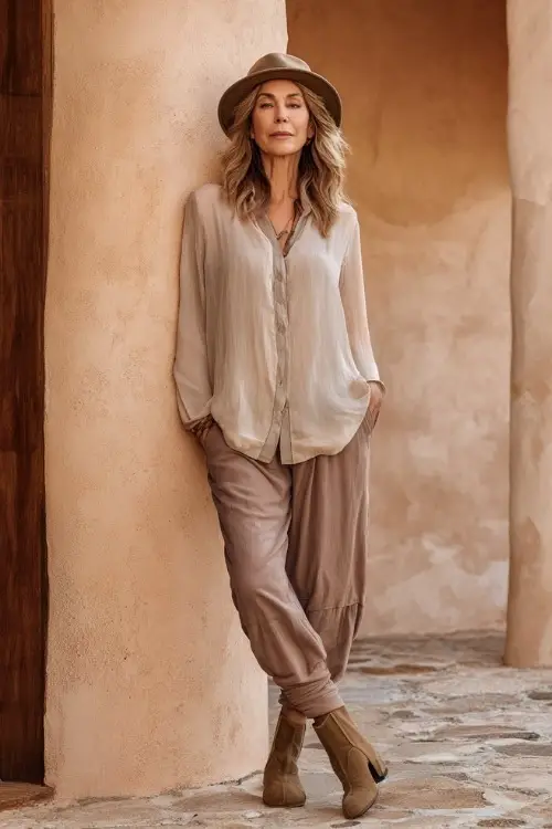 A woman over 50 wears a modern casual boho outfit combining relaxed-fit trousers, a soft long-sleeve blouse, ankle boots with a low heel, and minimal accessories