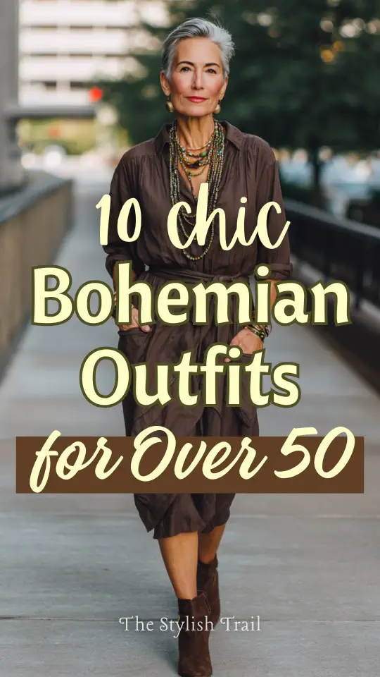 A woman over 50 wears a modern chic boho outfit combining a belted midi dress, ankle boots with a low heel, and layered necklaces