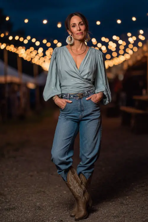 A woman over 50 wears a modern western concert outfit with a soft wrap blouse paired with high-rise jeans, embroidered cowboy boots, and statement earrings