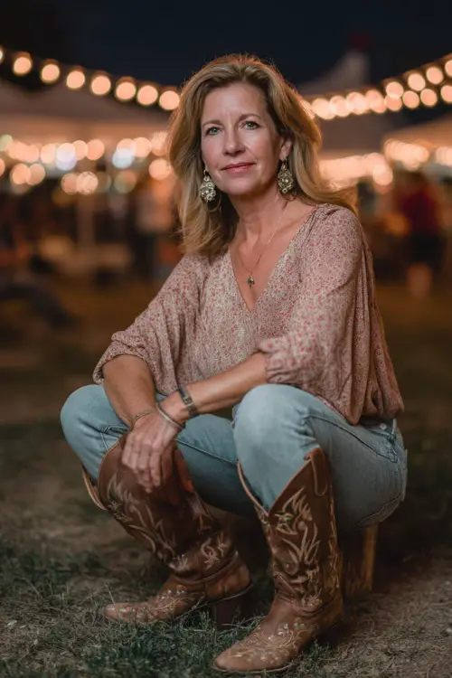 A woman over 50 wears a modern western concert outfit with a soft wrap blouse paired with high-rise jeans, embroidered cowboy boots