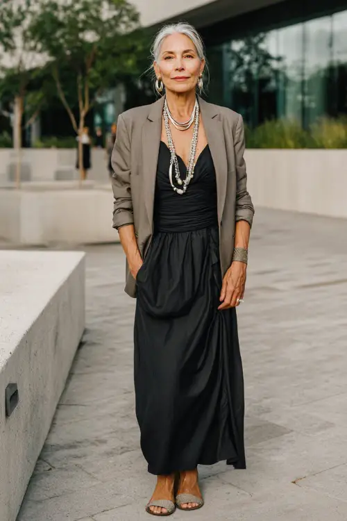 A woman over 50 wears a polished boho outfit featuring a monochrome maxi dress, a soft tailored blazer, low heels, and minimalist jewelry, styled in a stylish outdoor city setting
