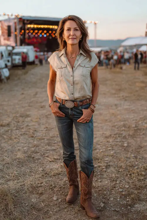 A woman over 50 wears a polished country concert outfit with a lightweight blouse tucked into straight-leg jeans, brown cowboy boots, and a structured leather belt