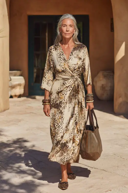 A woman over 50 wears a refined boho look featuring a wrap-style midi dress, elegant flats, layered bracelets, and a structured tote bag, styled in a sunlit courtyard background