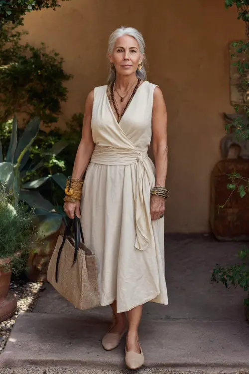 A woman over 50 wears a refined boho look featuring a wrap-style midi dress, elegant flats, layered bracelets, and a structured tote bag