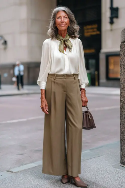 A woman over 50 wears a refined boho look featuring wide-leg tailored trousers, a soft silk blouse with subtle texture, comfortable heeled pumps 