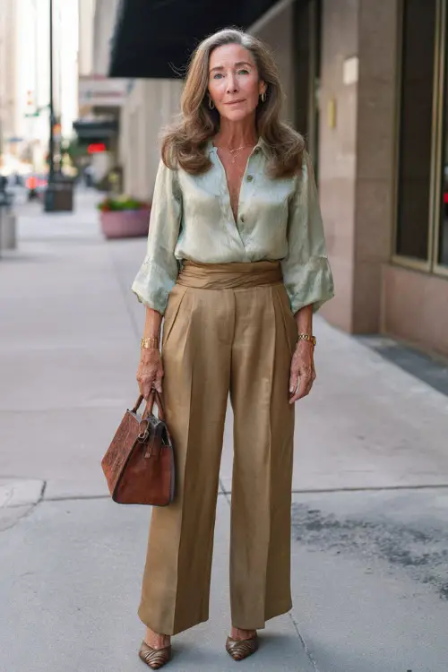 A woman over 50 wears a refined boho look featuring wide-leg tailored trousers, a soft silk blouse with subtle texture, comfortable heeled pumps