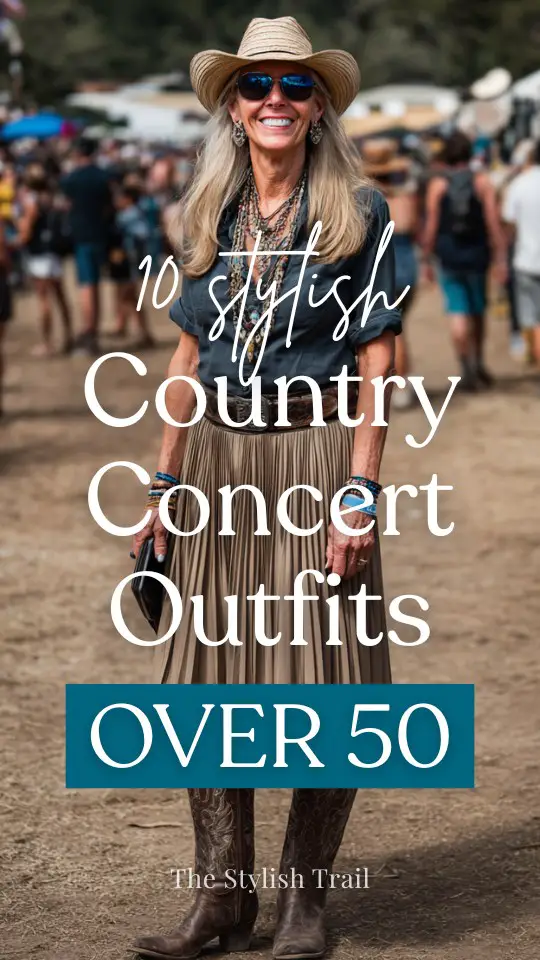 A woman over 50 wears a refined country concert outfit with a pleated skirt paired with a fitted blouse, tall cowboy boots, and layered necklaces