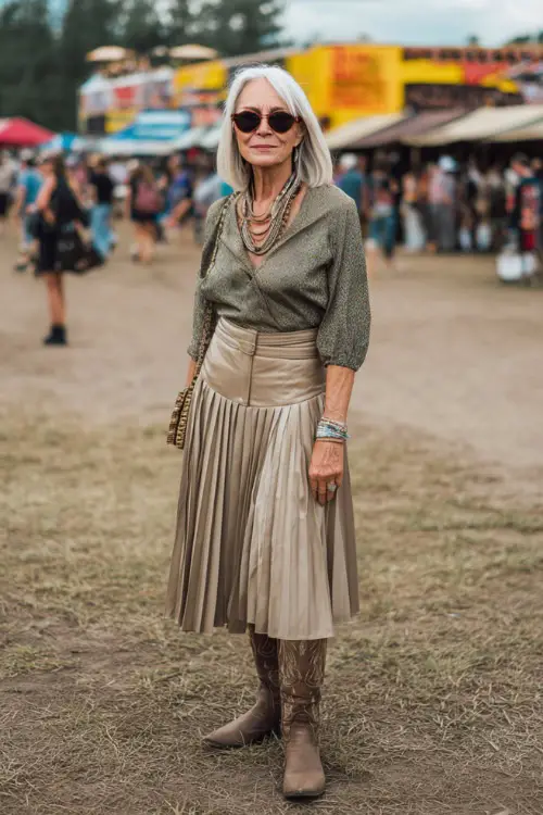 A woman over 50 wears a refined country concert outfit with a pleated skirt paired with a fitted blouse, tall cowboy boots, and layered necklaces 