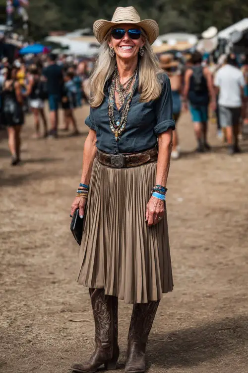 A woman over 50 wears a refined country concert outfit with a pleated skirt paired with a fitted blouse, tall cowboy boots, and layered necklaces