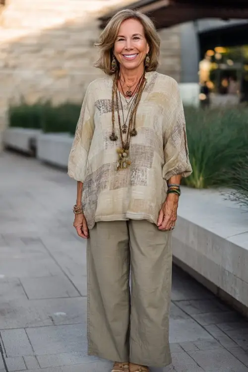 A woman over 50 wears a relaxed boho ensemble with a soft blouse, straight-leg pants, comfortable flats, and layered necklaces, styled in a calm urban outdoor space