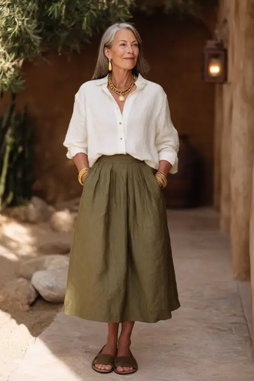 A woman over 50 wears a relaxed boho look featuring a soft linen blouse tucked into a midi skirt, comfortable block-heel sandals, and subtle gold jewelry 