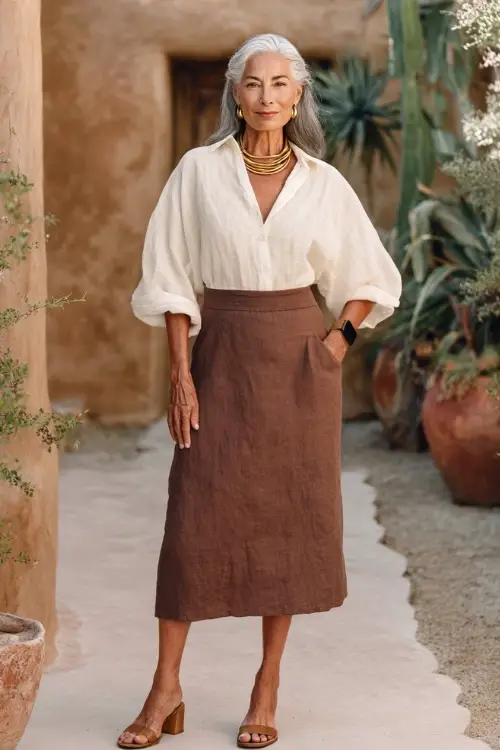 A woman over 50 wears a relaxed boho look featuring a soft linen blouse tucked into a midi skirt, comfortable block-heel sandals, and subtle gold jewelry