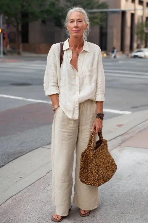 A woman over 50 wears a relaxed boho outfit with a lightweight button-up shirt worn loosely, wide-leg trousers, low-heeled sandals, and a woven tote bag