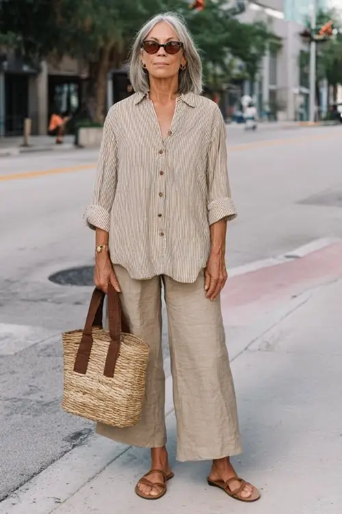 A woman over 50 wears a relaxed boho outfit with a lightweight button-up shirt worn loosely, wide-leg trousers, low-heeled sandals, and a woven tote bag
