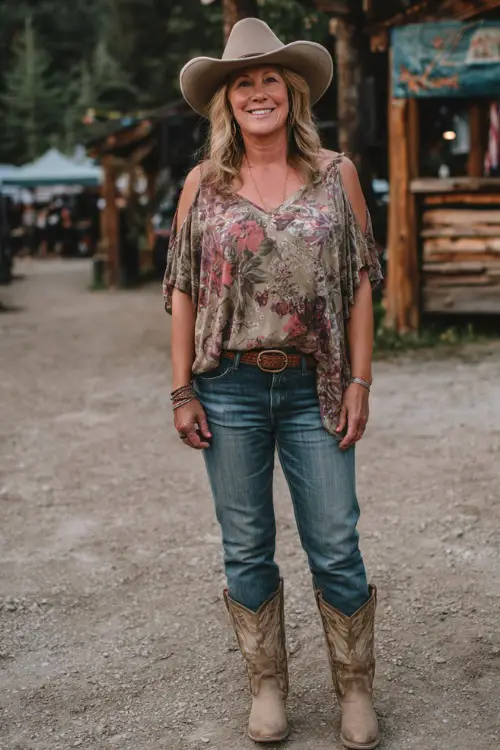 A woman over 50 wears a relaxed country concert outfit with a flowy tunic top, straight denim jeans, tan cowboy boots, and a wide-brim felt hat 