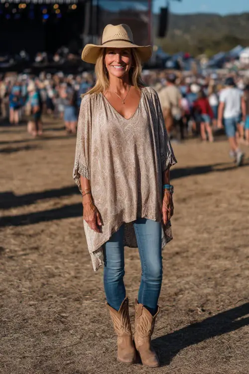 A woman over 50 wears a relaxed country concert outfit with a flowy tunic top, straight denim jeans, tan cowboy boots, and a wide-brim felt hat