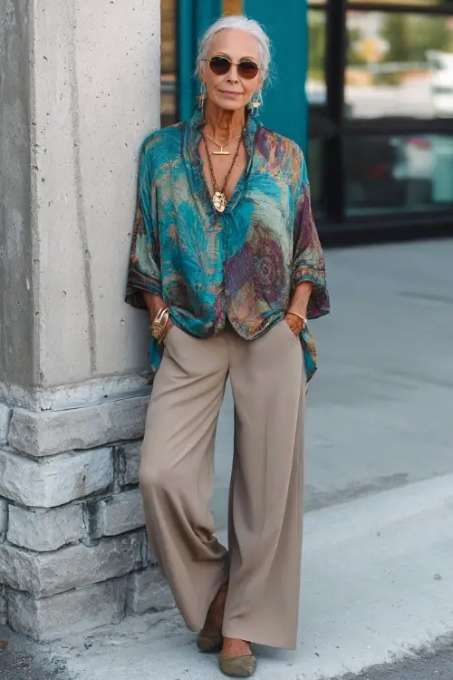 A woman over 50 wears a relaxed yet polished boho ensemble with a flowy blouse, tailored trousers, comfortable flats, and understated jewelry, styled in a calm urban outdoor setting 