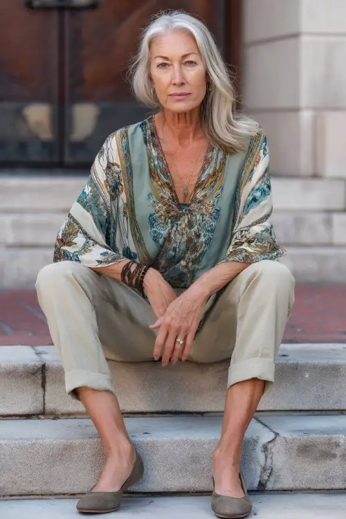 A woman over 50 wears a relaxed yet polished boho ensemble with a flowy blouse, tailored trousers, comfortable flats, and understated jewelry, styled in a calm urban outdoor setting