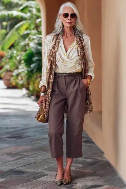 A woman over 50 wears a sophisticated boho look with straight-leg trousers, a draped blouse, pointed-toe flats, and elegant accessories