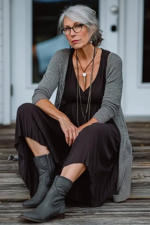 A woman over 50 wears a sophisticated boho outfit featuring a monochrome maxi dress, a lightweight cardigan, ankle boots, and a long necklace 