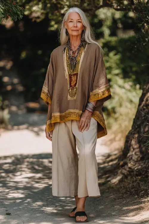A woman over 50 wears a timeless boho look with a loose tunic-style top, straight-leg pants, flat sandals, and layered bracelets, styled in a sunlit park setting