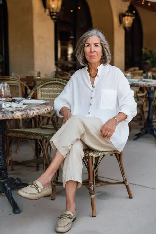 A woman over 50 wears a timeless chic boho outfit with relaxed-fit trousers, a soft blouse, loafers, and subtle jewelry, styled in a sophisticated outdoor café setting