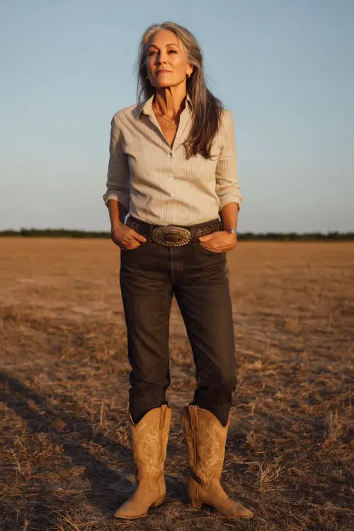 A woman over 50 wears a timeless western concert look featuring a button-down blouse tucked into dark jeans, tan cowboy boots, and a statement belt 