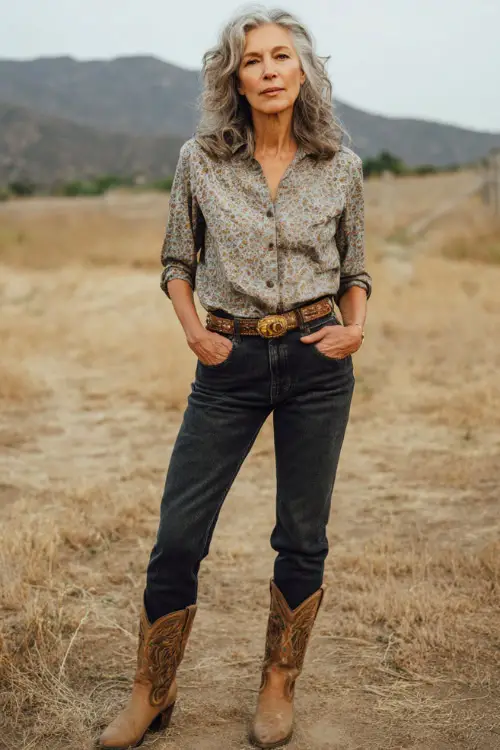 A woman over 50 wears a timeless western concert look featuring a button-down blouse tucked into dark jeans, tan cowboy boots, and a statement belt