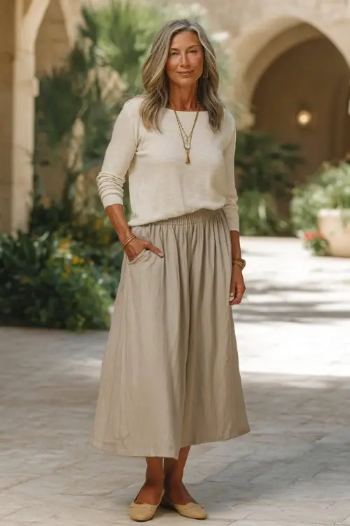 A woman over 50 wears an easygoing boho look featuring a soft knit top tucked into a flowy midi skirt, comfortable flats, and subtle jewelry