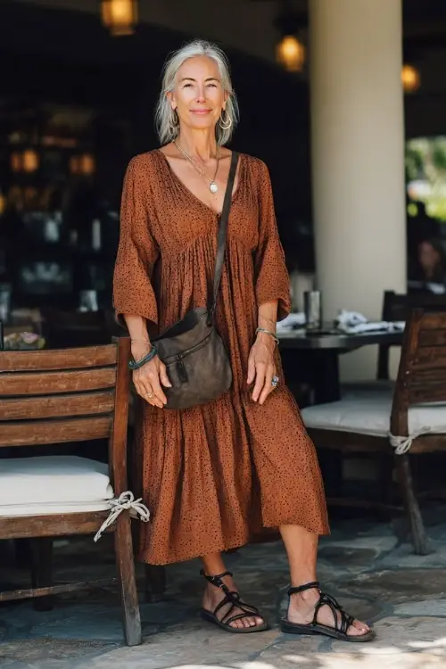 A woman over 50 wears an effortless boho casual look featuring a breezy midi dress, flat sandals, subtle jewelry, and a crossbody bag, styled in a sunlit outdoor café setting