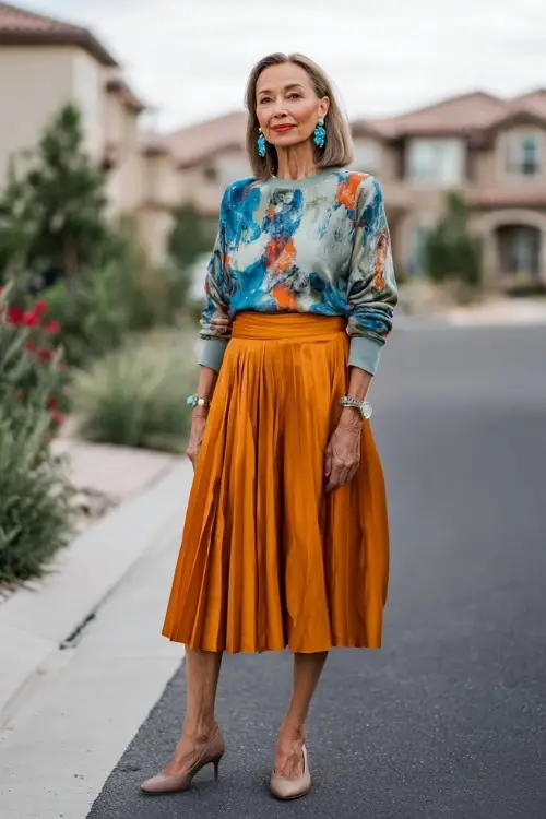 A woman over 50 wears an elegant boho outfit combining a pleated midi skirt, a comfortable knit top, low block heels, and subtle statement earrings, styled in a stylish residential street 