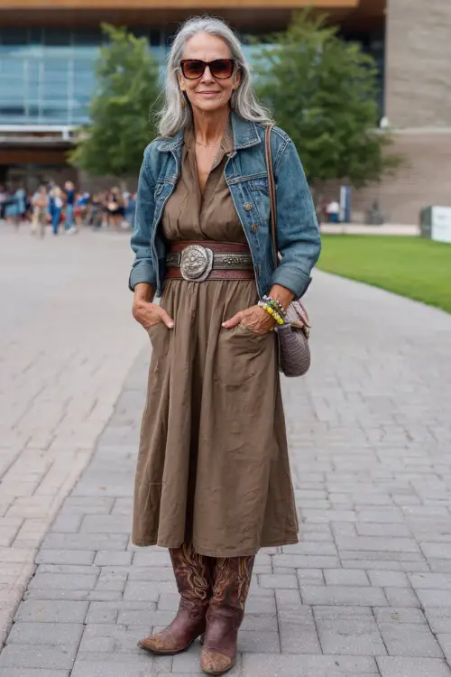 A woman over 50 wears an elegant country concert look featuring a midi dress cinched with a western belt, tall cowboy boots, and a cropped denim jacket 